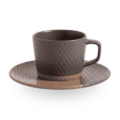 SET DE TAZA Y PLATO GRIS Y ARENA PANAL